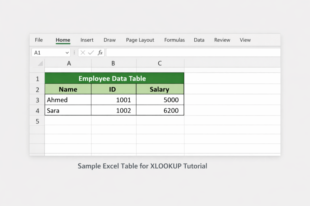 Excel table example for XLOOKUP tutorial with Name, ID, and Salary columns